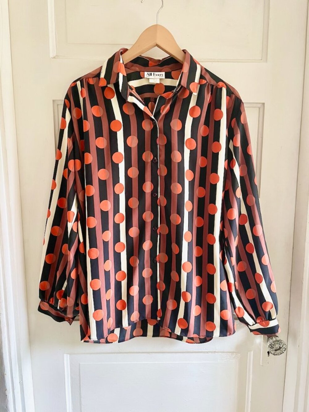Vintage 80s All Hours Flowy Orange Dot Striped Mod Blouse L